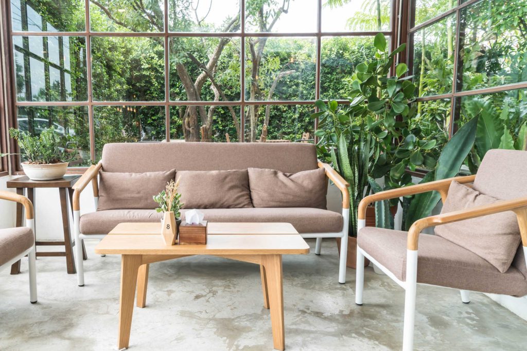 An outside patio with a concrete floor coated in epoxy.