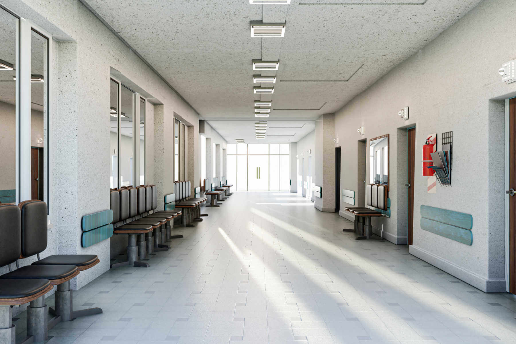 A hospital hallway painted with new wall colors and ceiling colors.