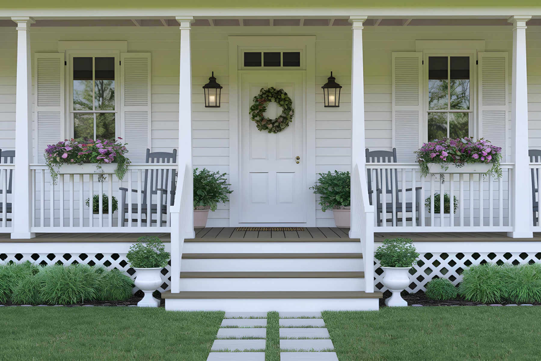 A white house with a large porch decorated after a brand new paint job.