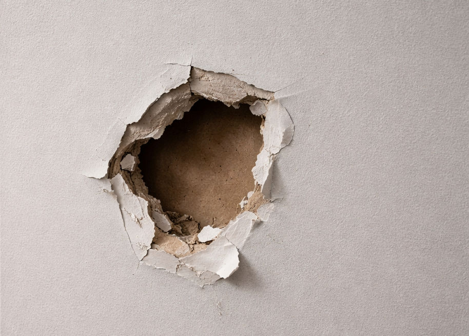 A bedroom wall with a large hole in it in need of repair.