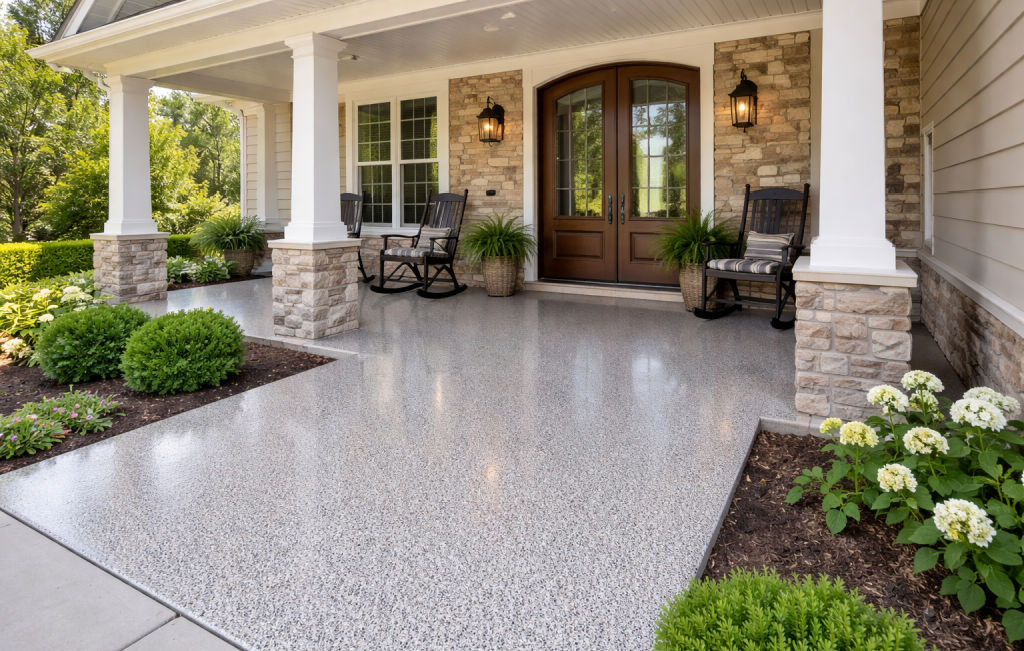 A front porch coating in a beautiful epoxy floor coating in Charlotte.
