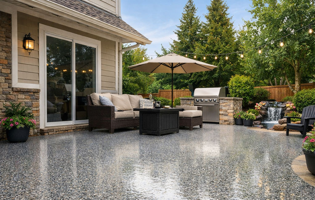 A back patio with a beautiful epoxy flake concrete coating in Charlotte, NC.