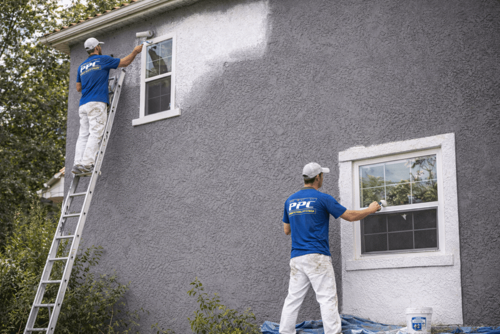 A stucco exterior home getting painted with a new color in Charlotte, NC