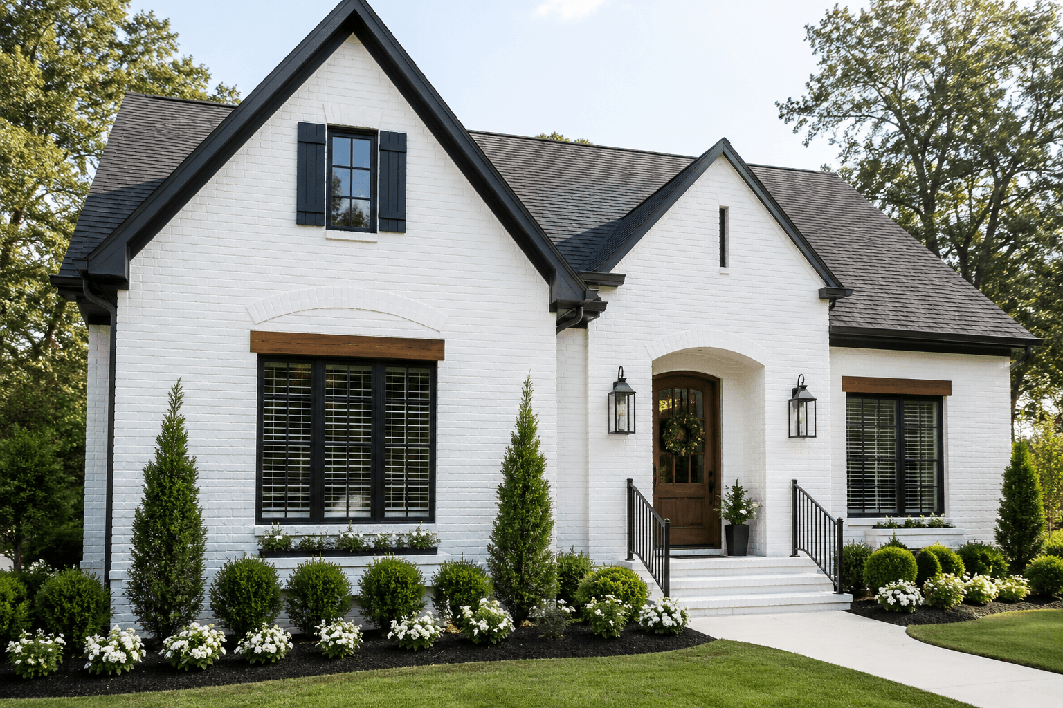 A beautiful brick house with a new paint job.