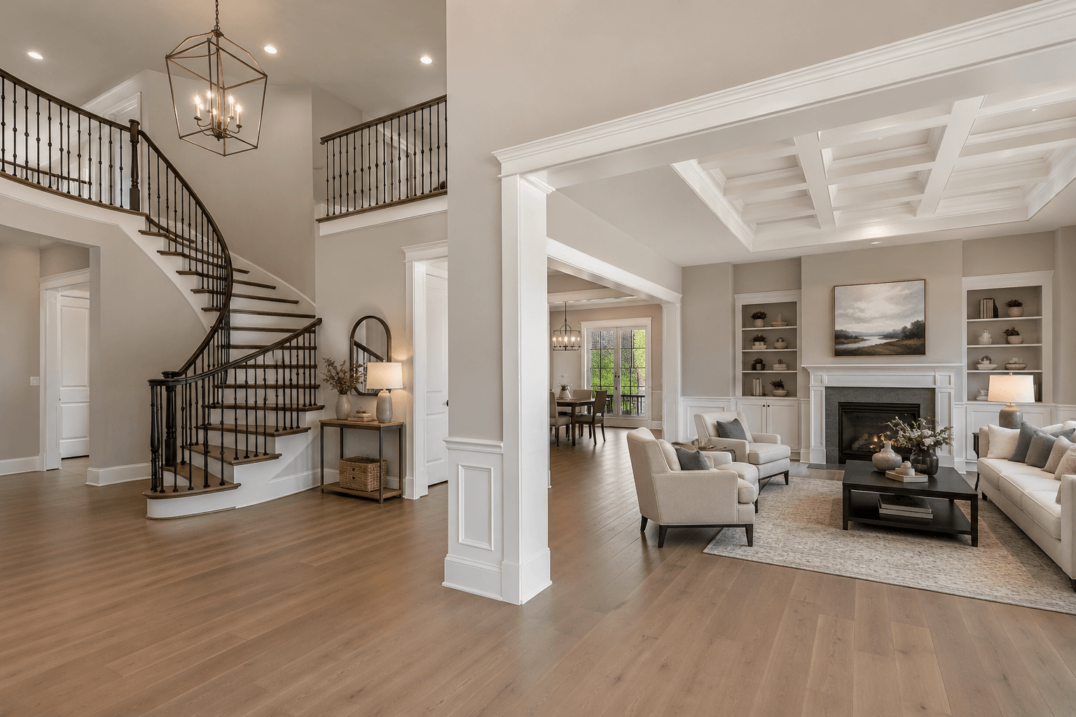 A large home interior in Charlotte with freshly painted walls, ceiling, and trim.