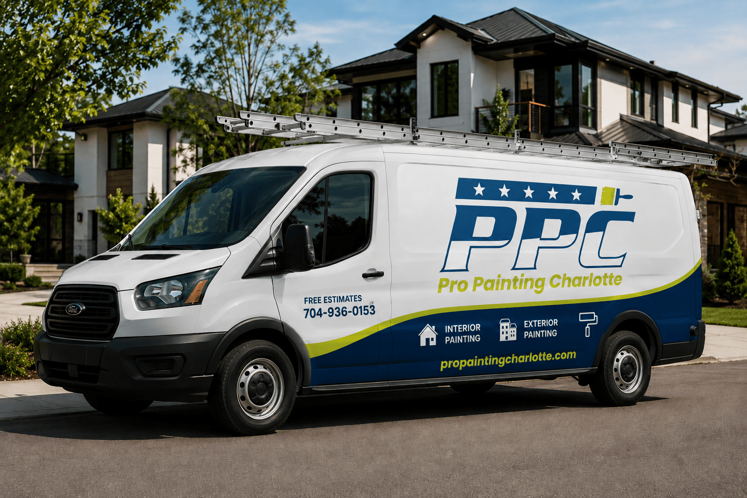 pro painting charlotte painting van in front of a clients house.