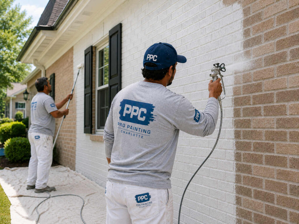 Painters putting white paint on a brick house in Charlotte, NC
