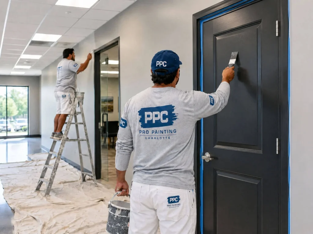 door-painting-contractors-charlotte-nc Painters painting door on the interior of a home