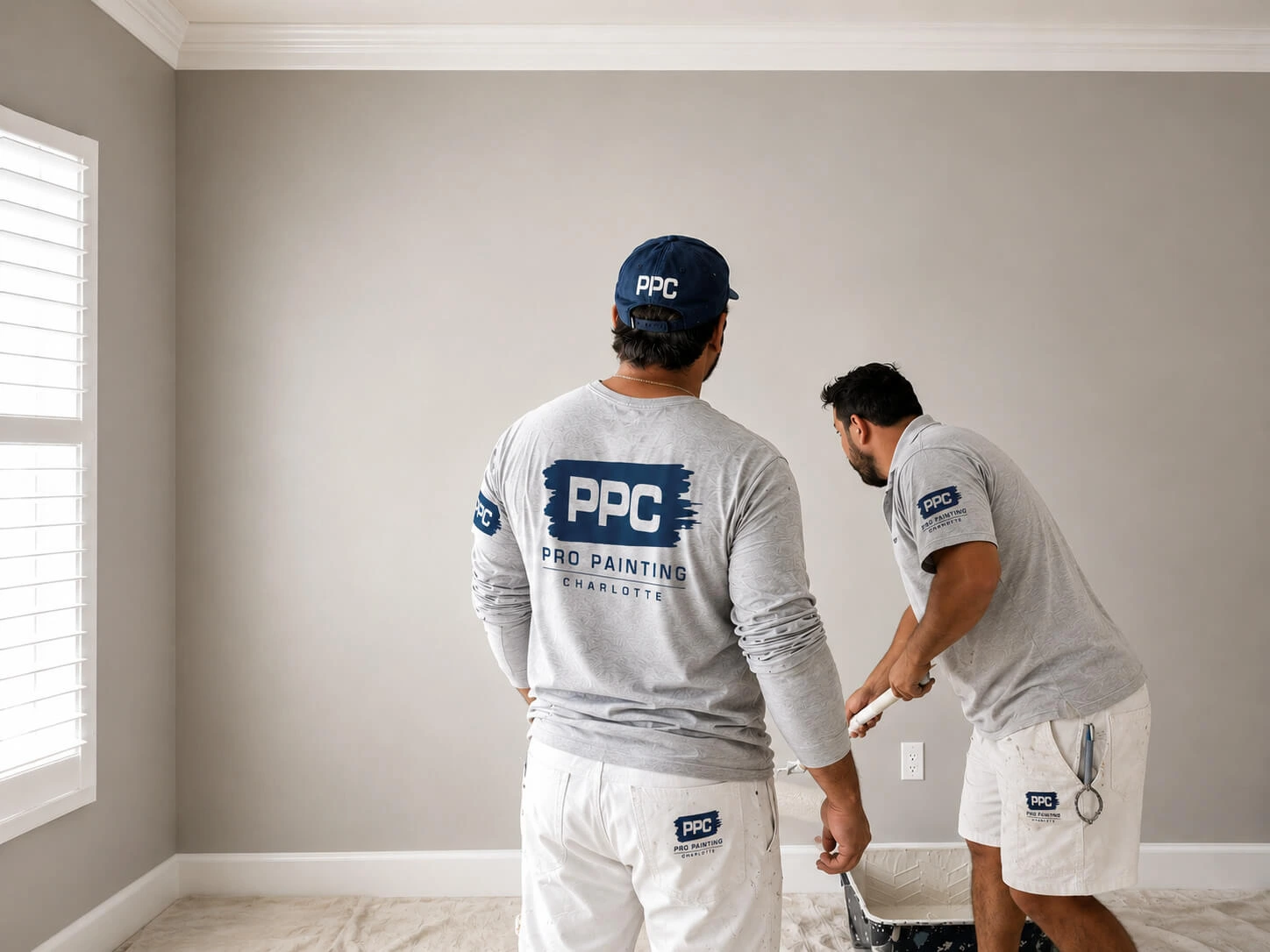 Two painters painting an interior home wall