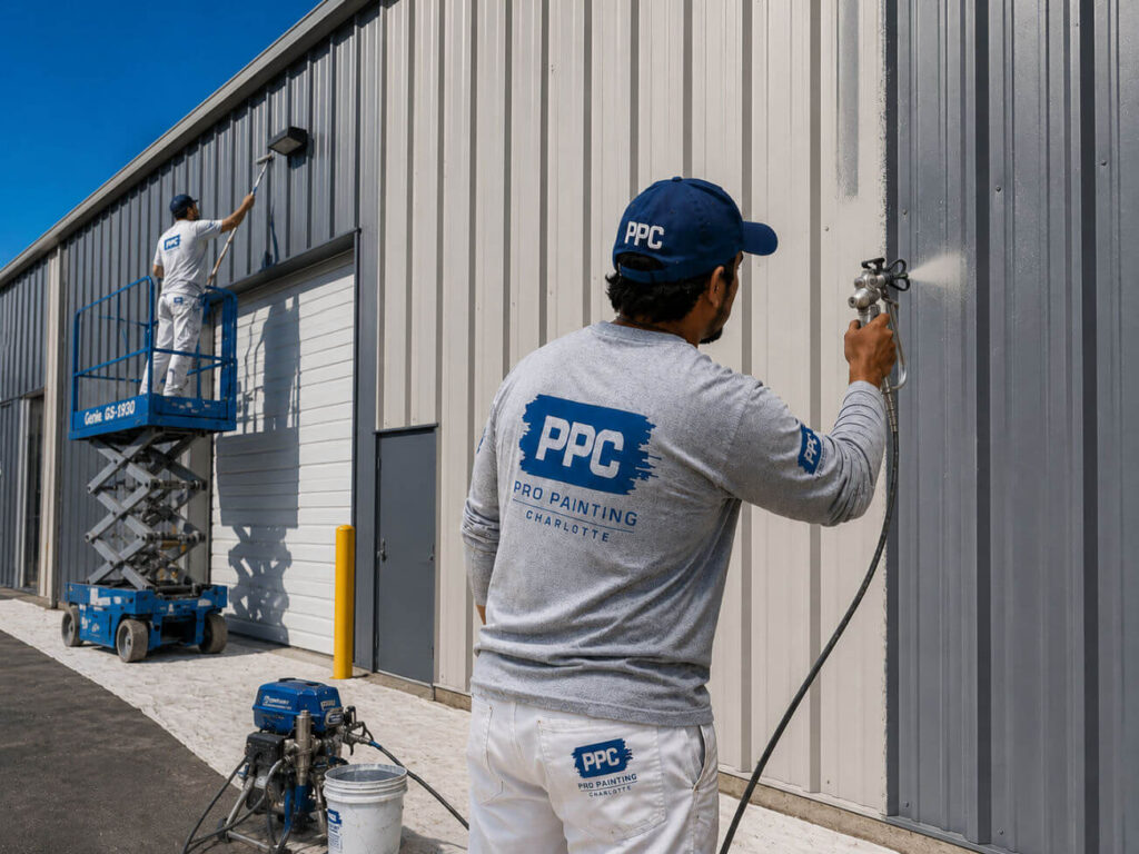 Painting metal siding on a building in Charlotte, NC