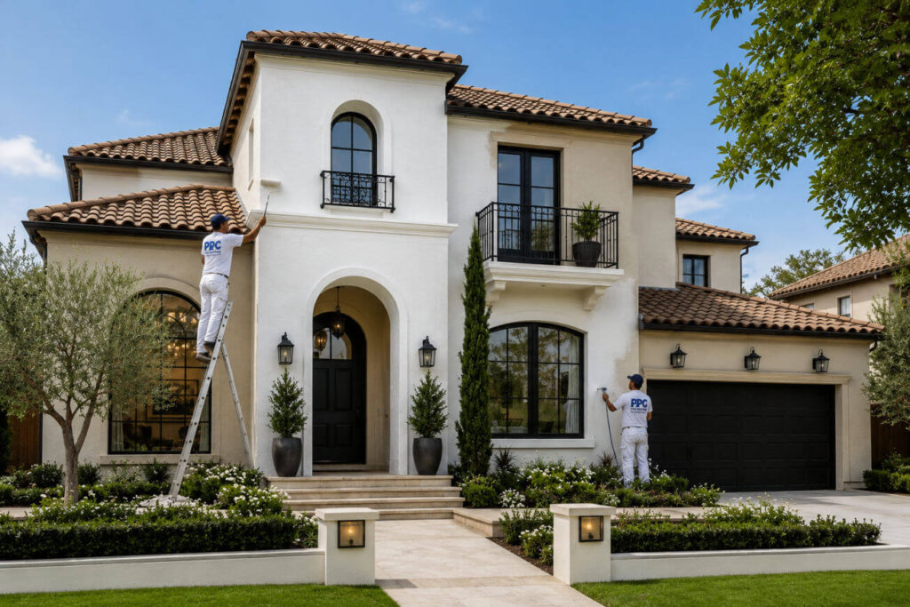Painters painting a stucco home exterior in Charlotte NC