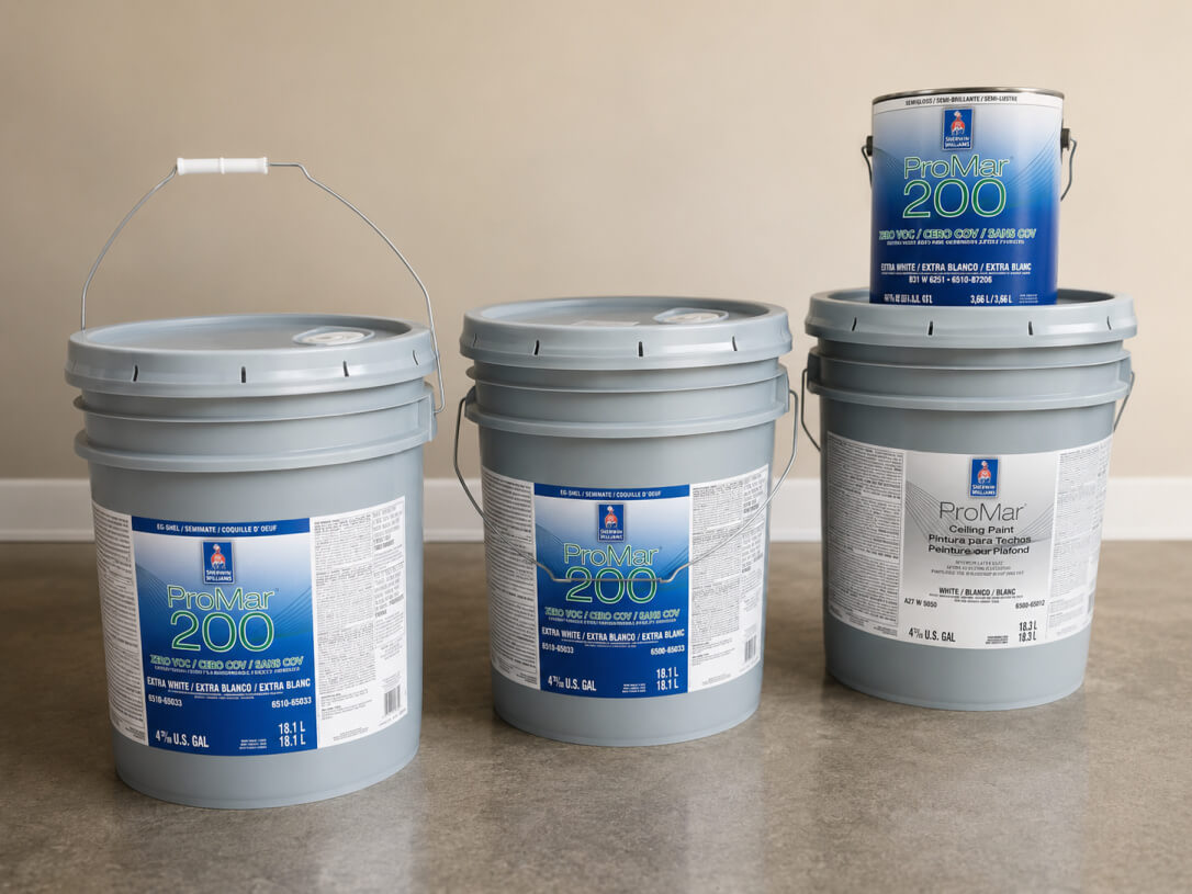 Buckets of wall paint ready to go inside a home.