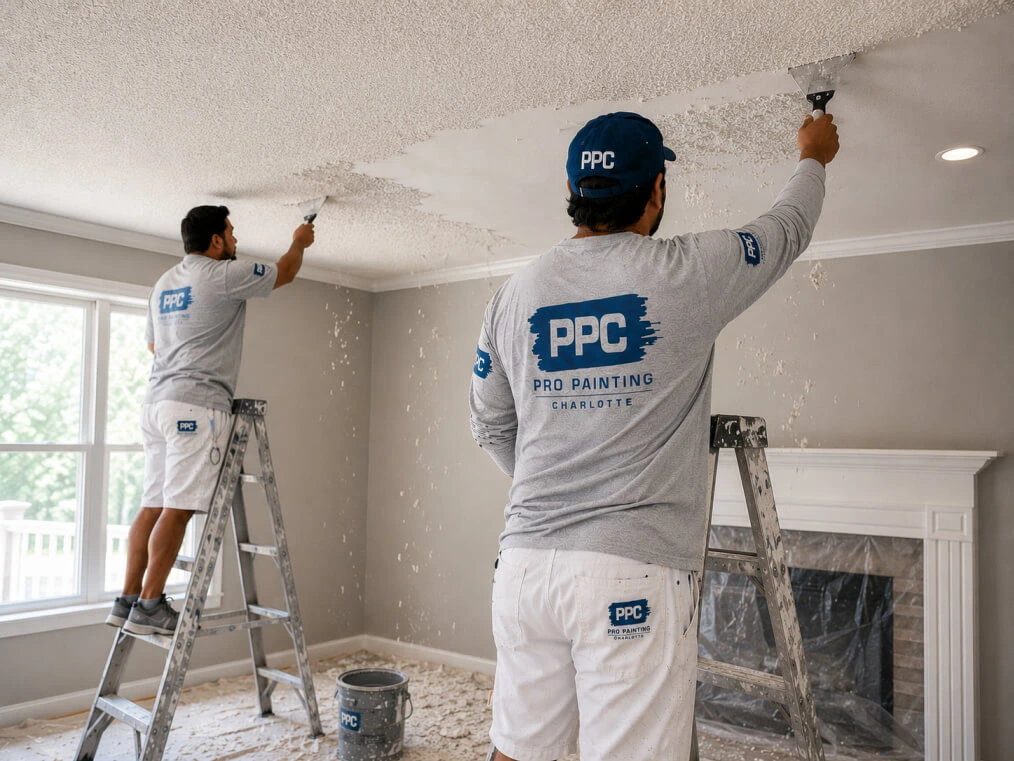 A popcorn ceiling getting removed for paint.