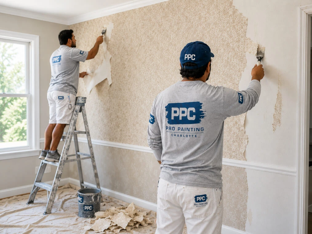 Two painters removing wallpaper.