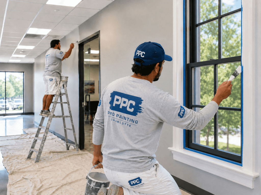 Painting window frames inside a home in Charlotte